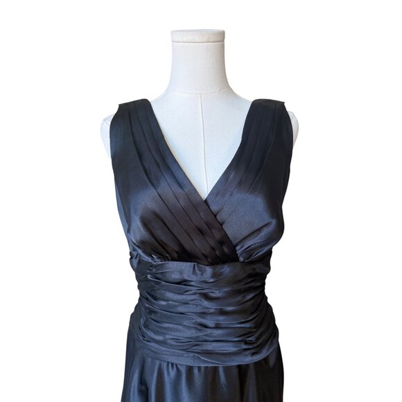 Vintage Maggy Boutique Satin Cocktail Dress Size 6 V Neck Ruched Slimming Black - Picture 2 of 7